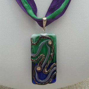 Green and Purple Lampwork Bead Pendant Necklace